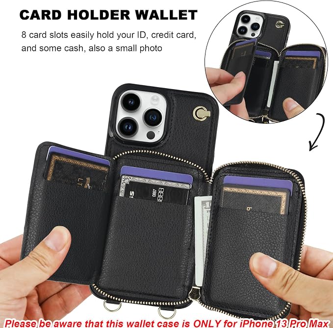 Bocasal for MagSafe Crossbody Wallet Case Compatible with iPhone 13 Pro Max, RFID Blocking Protective Purse Case with Card Slots Holder Kickstand Wrist Strap Lanyard Zipper 6.7 Inch 5G (Black)
