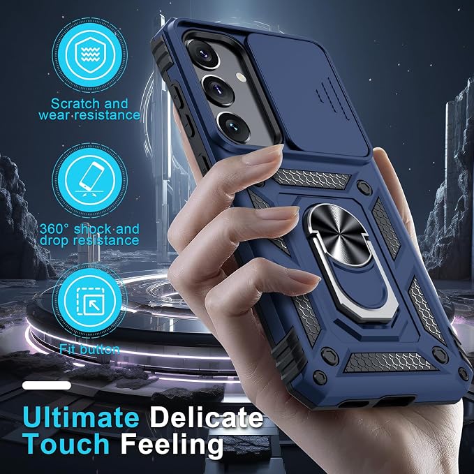 Janmitta Compatible with Samsung Galaxy S25 Plus/S24 Plus Case Built in Slide Camera Lens Cover+Screen Protector+Finger Ring Holder Kickstand,Heavy Duty Shockproof Full Body Phone Cover,Blue