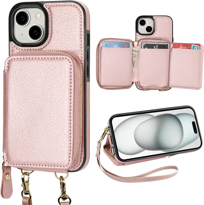 Bocasal RFID Blocking Wallet Case for iPhone 15, Adjustable Crossbody Zipper Purse Case Card Holder with Kickstand Detachable Wrist Strap, PU Leather Flip Folio Case 6.1 Inch 5G (Rose Gold)