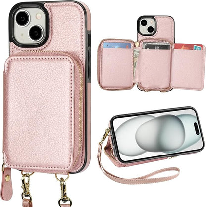Bocasal RFID Blocking Wallet Case for iPhone 15, Adjustable Crossbody Zipper Purse Case Card Holder with Kickstand Detachable Wrist Strap, PU Leather Flip Folio Case 6.1 Inch 5G (Rose Gold)