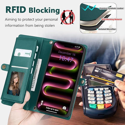Wallet Case for iPhone 16 Pro with Card Holder/Crossbody Wallet/Strap| RFID Blocking | Magnetic | Kickstand | Detachable | PU Leather Phone Case for iPhone 16 Pro,6.3 in,Green