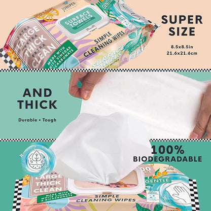 6 Packs Surface Cleaning Wipes Bleach Free, Thick & Large Dispose, All-Purpose Cleaner for Bathroom, Kitchen, Office, 600 Count Soft Flow, Biodegradable, Juniper Scent