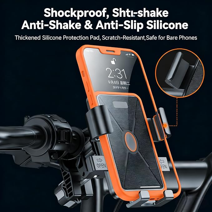 Bike Phone Mount, 1-Second Quick Release Motorcycle Phone Holder with 360° Rotation, Anti-Shake Silicone Pad, Universal for 4-7 Inch Phones - Fits 22-35mm Handlebars (Pink)