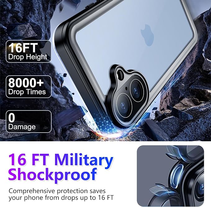 Temdan Compatible with iPhone 17 Case,Waterproof Built-in Screen & Camera Protector IP68 Underwater Full Body 17FT Military Dropproof Shockproof Phone Case 6.3"-Blue/Clear