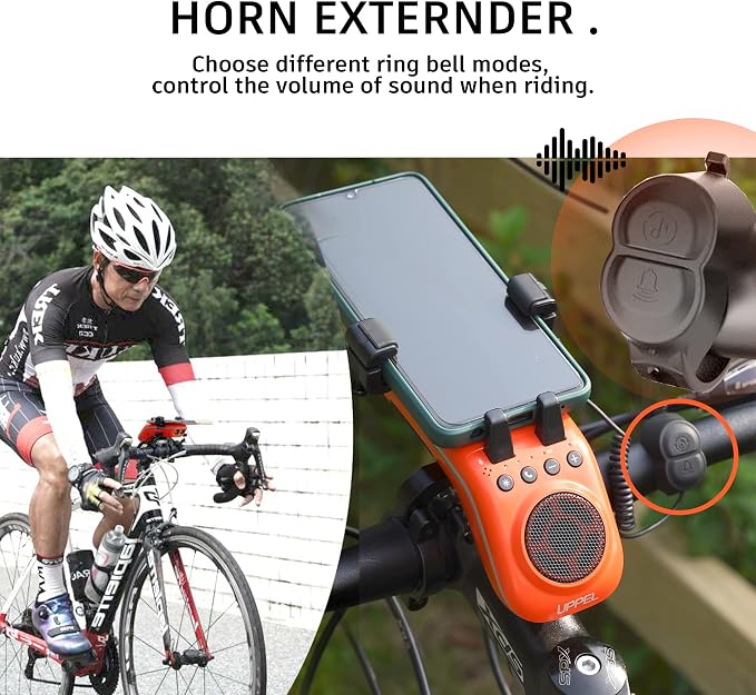 UPPEL Bluetooth Speaker Bicycle, Multifunctional Bike Phone Holder 10-in-1- LED Light - Bike Horn - Microphone - Ideal for Road & Mountain Bike - Extreme & Casual Cycling-Orange
