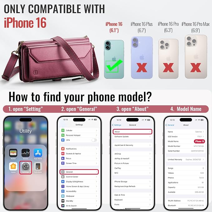 Strapurs Wallet Case Compatible with iPhone 16 6.1" RFID Blocking 7-Card Holder Soft PU Leather Magnetic Snap Shoulder Strap Zipper Pocket Phone Case Fit for iPhone 16 for Women - WineRed