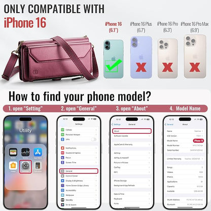 Strapurs Wallet Case Compatible with iPhone 16 6.1" RFID Blocking 7-Card Holder Soft PU Leather Magnetic Snap Shoulder Strap Zipper Pocket Phone Case Fit for iPhone 16 for Women - WineRed