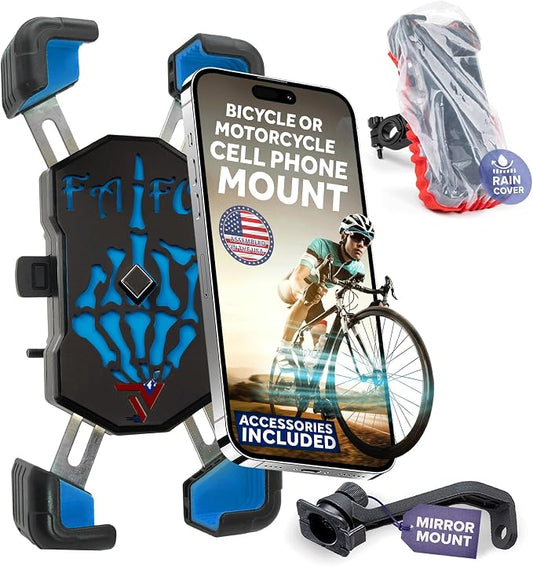 Terminal Velocity Sport - Motorcycle Phone Mount - Bike Cell Phone Holder - Bike Phone Mount, for iPhone & Android - Fits Harley Davidson, eBike, ATV, Bicycle - Incl. Mirror & Rain-Cover. (Blue)