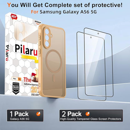 for Galaxy A56 5G Phone Case: Compatible for Samsung A56 5G Case [magsafe Fit] with 2PC Tempered Glass Screen Protector,Frosted Translucent Soft-Touch Skin & Military-Grade Protection for A 56,Gold
