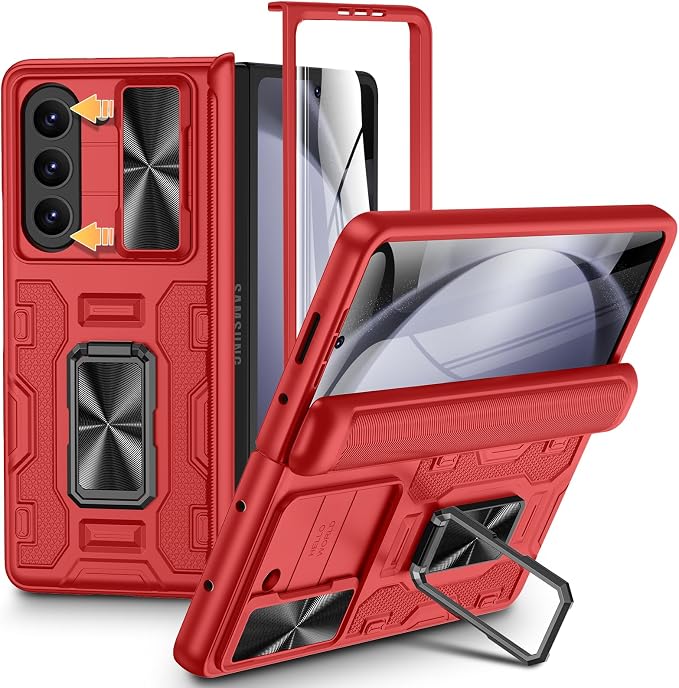 VEGO for Samsung Z Fold 5 Case with Slide Camera Cover & Screen Protector | Rugged Phone Case for Galaxy Z Fold 5 with Built-in 360° Rotating Kickstand Hinge Protection Full-Body Shockproof - Red