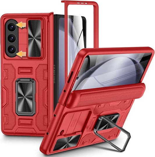 VEGO for Samsung Z Fold 5 Case with Slide Camera Cover & Screen Protector | Rugged Phone Case for Galaxy Z Fold 5 with Built-in 360° Rotating Kickstand Hinge Protection Full-Body Shockproof - Red