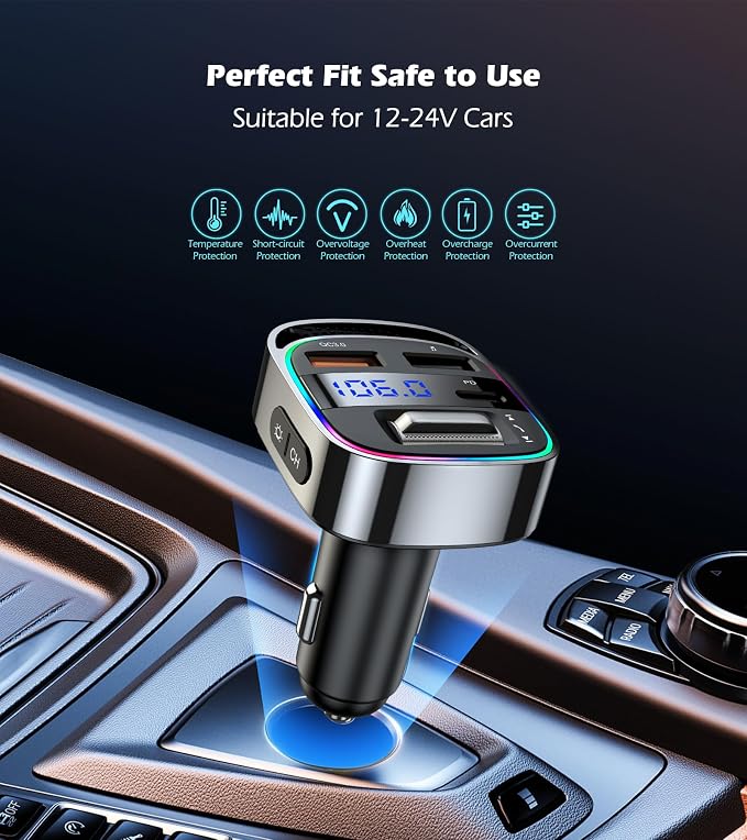 LIHAN Bluetooth 5.4 Car Adapter for Older Cars, 54W PD Fast Charging FM Transmitter, Handsfree Call, Crystal Clear GPS & Music Receiver, Supports USB Drive .wav .flac, Compatible with iPhone & Trucks