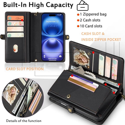 for Wallet Case Compatible with iPhone 16,Multi-Function Detachable 2 in 1 Magnetic iPhone 16 Case Wallet,Flip Strap Zipper Card Holder Phone Case with Shoulder Straps (Black)