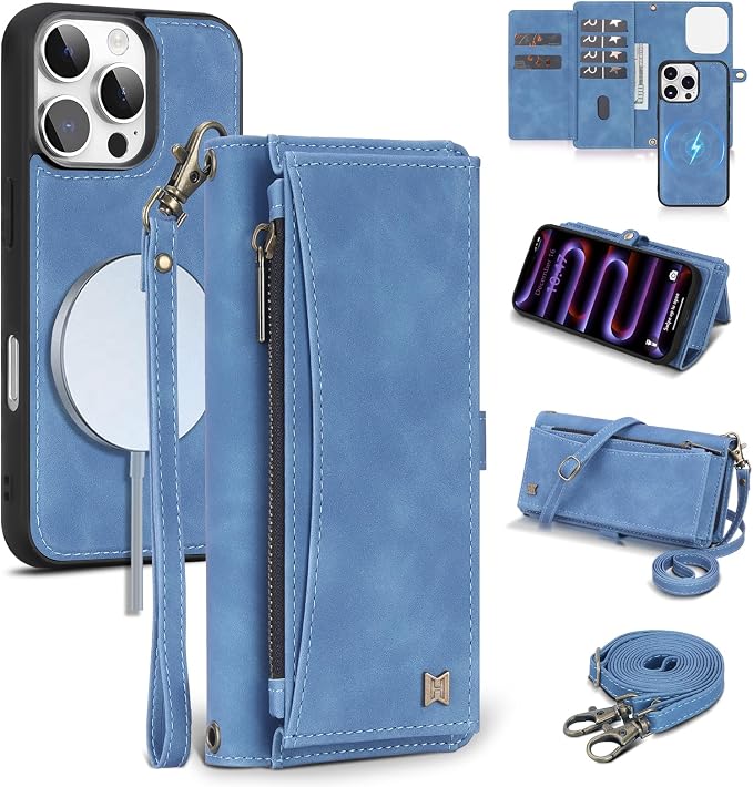 Wallet Case for iPhone 16 Pro Max with Card Holder/Crossbody Wallet/Strap| RFID Blocking | Magnetic | Kickstand | Detachable | PU Leather Phone Case for iPhone 16 Pro Max,6.9 in,Sky Blue