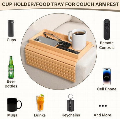 Bamboo Sofa Arm Tray, Anti-Dropping Couch Arm Tray, Foldable Sofa Armrest Tray Couch Arm Table for Eats, Drinks, Snacks, Remote, Cellphone, Cup Holder, Back Anti-Slip Pad Design