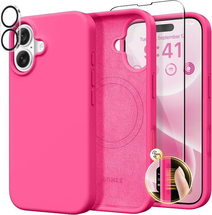 GONEZ Magnetic for iPhone 16 Case, Compatible with MagSafe, [Screen Protector + Camera Lens Protector], Liquid Silicone Shockproof Protective Phone Case for iPhone 16 6.1", Hot Pink