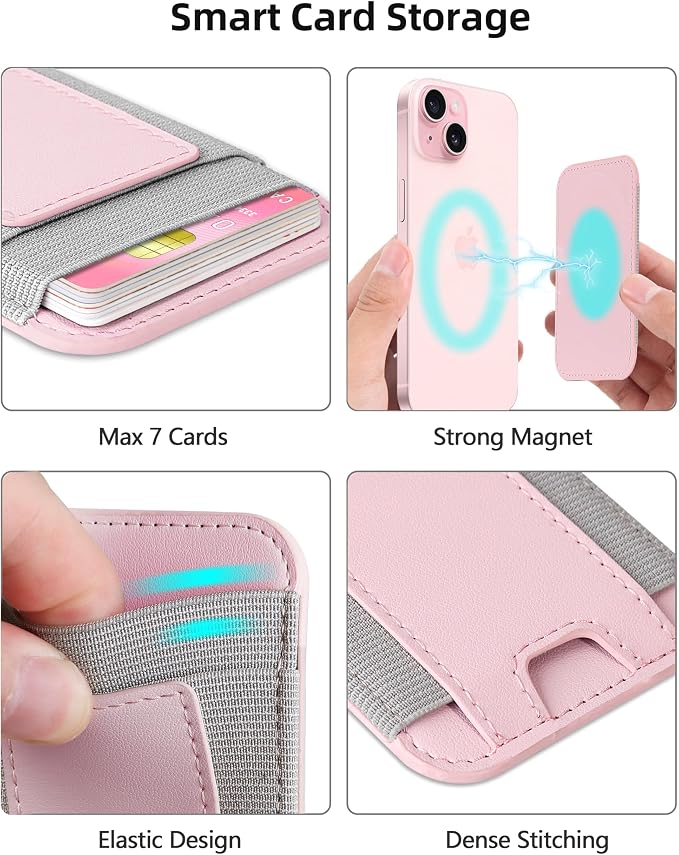 Upgraded for Magsafe Wallet, Strongest Magnetic Wallet for iPhone 17/16/15/14/13/12 Series, for iPhone Magsafe Walletwith 2 Card Slots, RFID Blocking, Slim, Vegan Leather, Fit 7 Cards, Baby Pink