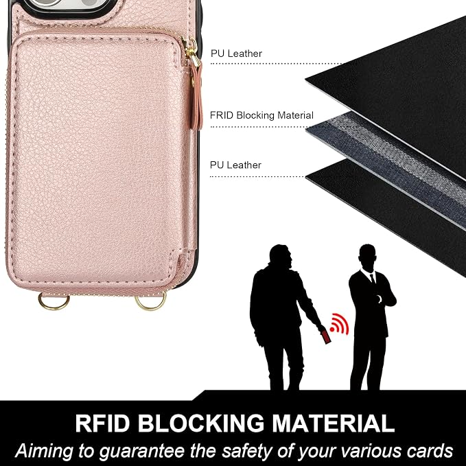 Bocasal for MagSafe Crossbody Wallet Case Compatible with iPhone 16 Pro, RFID Blocking Protective Purse Case with Card Slots Holder Kickstand Wrist Strap Lanyard Zipper 6.3 Inch 5G (Rose Gold)