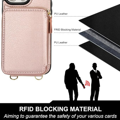 Bocasal for MagSafe Crossbody Wallet Case Compatible with iPhone 16 Pro, RFID Blocking Protective Purse Case with Card Slots Holder Kickstand Wrist Strap Lanyard Zipper 6.3 Inch 5G (Rose Gold)
