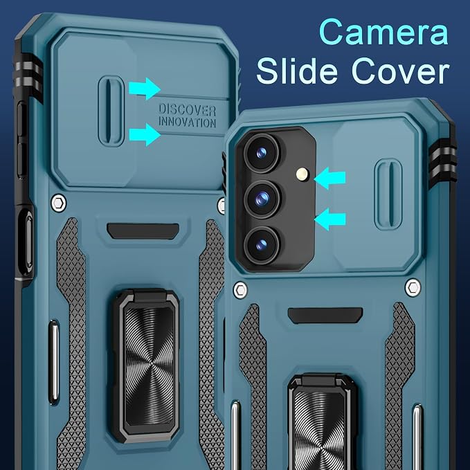 DEERLAMN Case for Samsung Galaxy A16 5G with Slide Camera Cover+Screen Protector (1 Pack), Rotated Ring Kickstand Military Grade Shockproof Protective Cover-Light Blue