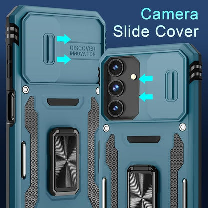 DEERLAMN Case for Samsung Galaxy A16 5G with Slide Camera Cover+Screen Protector (1 Pack), Rotated Ring Kickstand Military Grade Shockproof Protective Cover-Light Blue