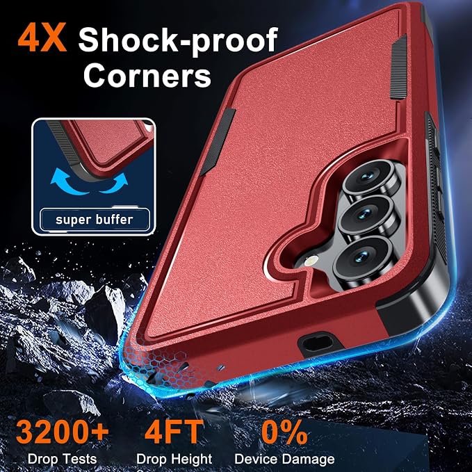 for Samsung Galaxy S25 FE Case with Screen Protector+Camera Lens Cover,Military Grade Heavy Duty Shockproof Phone Cover with Wrist Lanyard Strap for Samsung S25fe,Red
