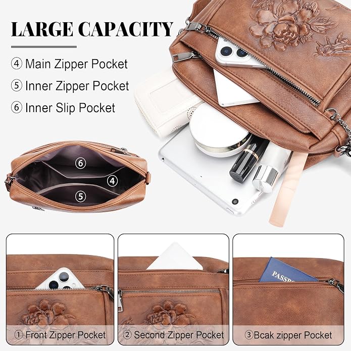Crossbody Bags for Women Trendy, Vegan Leather Crossbody Purses Travel Shoulder Handbags Embossed Design