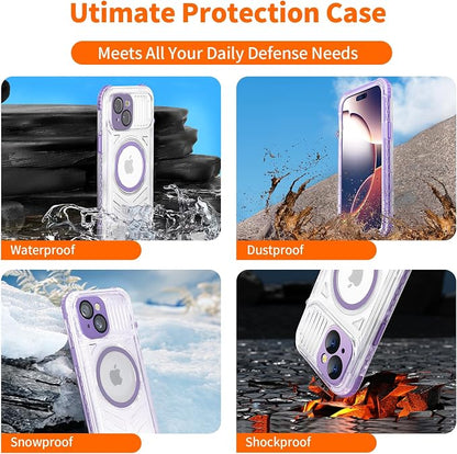 for iPhone 15 Waterproof Case Compatible with MagSafe, Translucent Slim IP68 Underwater Built-in Screen Protector, 12FT Military Grade, 360 Full Body Protective Cover 6.1 inch (Purple)