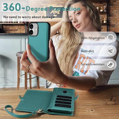 for Wallet Case Compatible with iPhone 16,Multi-Function Detachable 2 in 1 Magnetic iPhone 16 Wallet,Flip Strap Zipper Card Holder Phone Case with Shoulder Straps (Green)