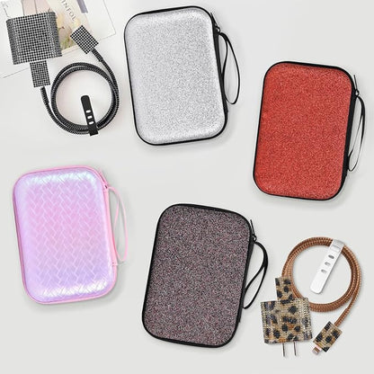 Luxury Phone Charger Case Storage Sets Wire Saver Cable Protector with Travel Storage Bag, Soft Sparkle Cable Charger Protector Cord Organizer for iPhone (Glitter Red)