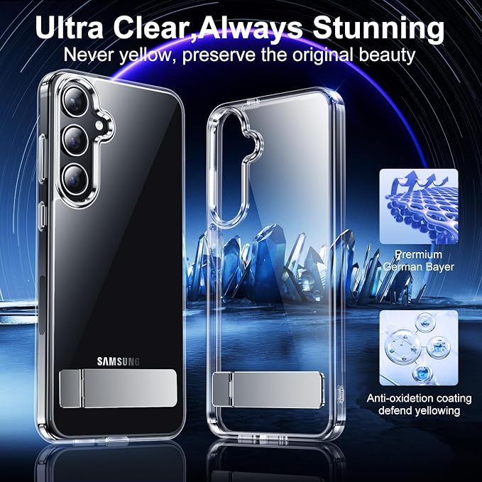 Temdan Designed for Samsung Galaxy S24 Case,[Built in Hidden Kickstand][Military Grade Drop Protection] [Never Yellowing] Slim Thin Phone Case for Galaxy S24 Case 6.2 Inch - Crystal Clear