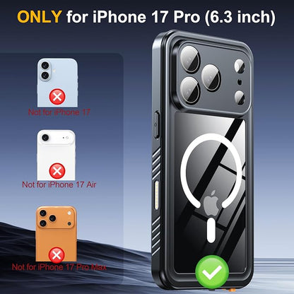 ANTSHARE for iPhone 17 Pro Case, Compatible with Magsafe, IP68 Waterproof Case, [Built-in Screen Protector] - 12 FT Military Dropproof - Full Body Heavy Duty Rugged Phone Cover - Black/Clear