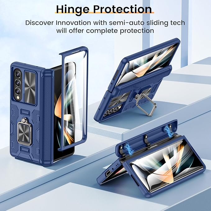 VEGO for Galaxy Z Fold 4 Case, with Slide Camera Cover & Hinge Protection | Built-in Screen Protectot & 360°Magnetic Rotating Ring Kickstand Protective Case for Samsung Galaxy Z Fold 4 5G-Blue