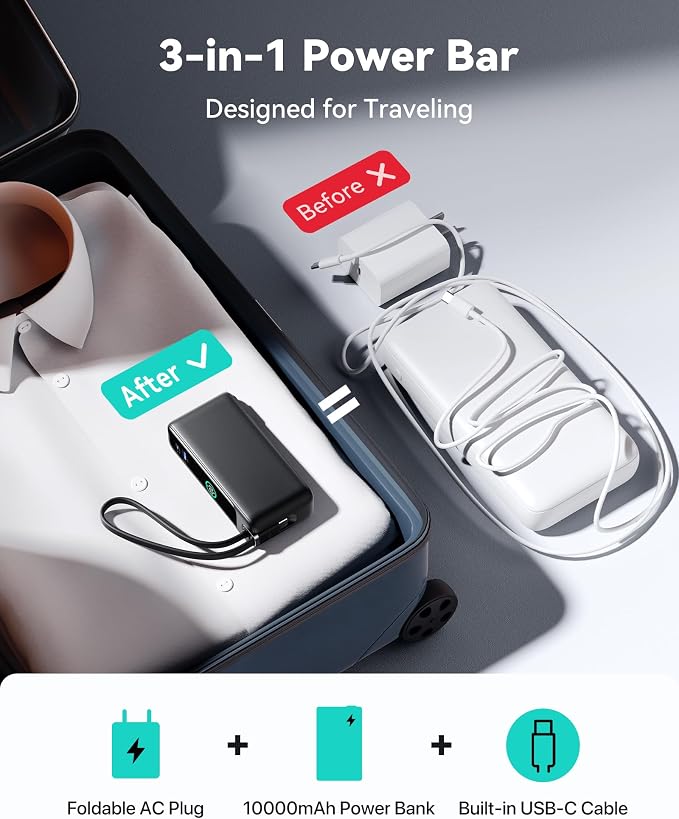 INIU 3-in-1 Portable Charger, Small 10000mah 30W Fast Charging Power Bank with Built-in USB C Cable and Foldable AC Plug, Flight Cruise Ship Travel Phone Charger for College Students Boys Girls, White