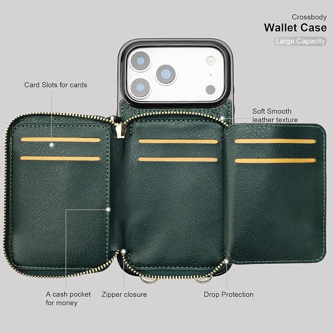 Bocasal Crossbody Wallet Case for iPhone 17 Pro Max, RFID Blocking PU Leather Zipper Handbag Purse Flip Cover, Kickstand Folio Case with Card Slots Holder Wrist Strap Lanyard 5G 6.9 Inch (Dark Green)