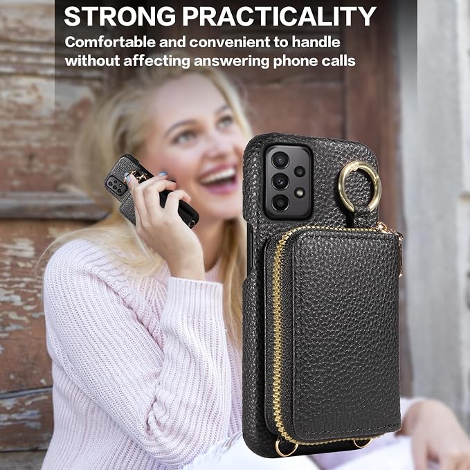 Wallet Case for Samsung Galaxy A53 5G with Shoulder Strap Ring Buckle, PU Leather Zipper Flip Organ Purse, Card Holder Stand Full Body Cell Phone Cover for A 53 G5 53A SM A536U 6.5" 2022 Black