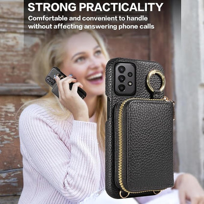 Wallet Case for Samsung Galaxy A32 5G 2021 6.5 inch with Shoulder Strap Ring Buckle, Zipper Flip Organ Purse, Credit Card Holder Stand Phone Cover for M32 G5 A 32 32A S32 SM-A326U A326U Black