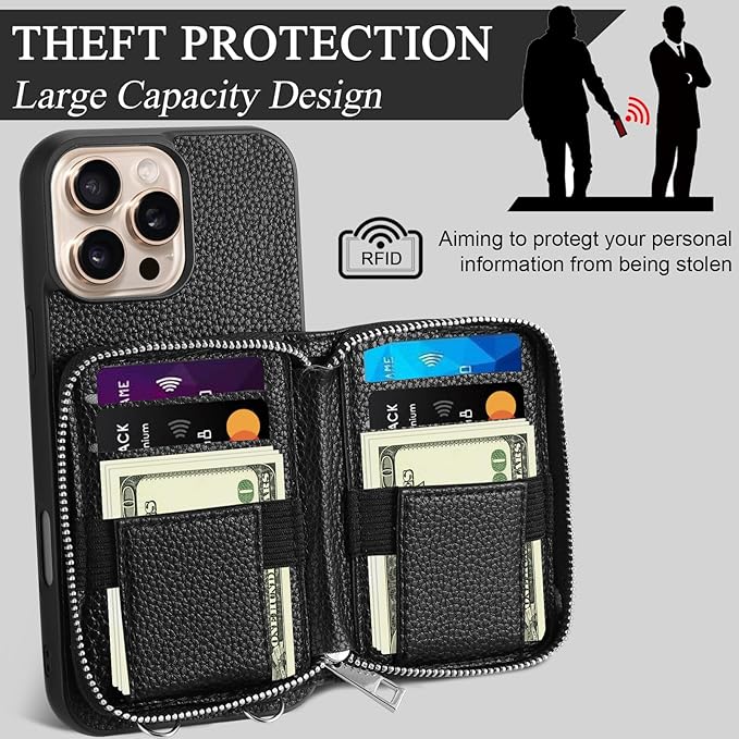 XANGNIER Wallet Case for iPhone 16 Pro, RFID Blocking PU Leather Crossbody Phone Purse with Card Holder, Zipper Pocket, Wrist Strap & Adjustable Lanyard for Women 6.3" 5G, Black
