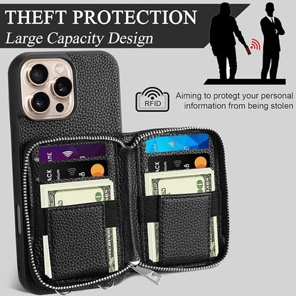 XANGNIER Wallet Case for iPhone 15 Pro Max, RFID Blocking PU Leather Crossbody Phone Purse with Card Holder, Zipper Pocket, Wrist Strap & Adjustable Lanyard for Women 6.7" 5G, Black