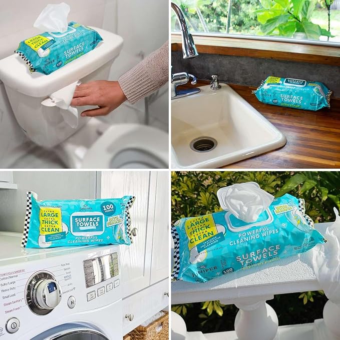 6 Packs Surface Wipes with Bleach, Thick & Large Dispose, All-Purpose Cleaner for Bathroom, Kitchen, Office, 600 Count Soft Flow, Biodegradable, Fresh Scent