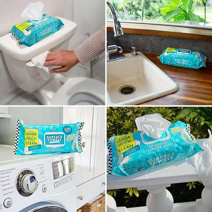 6 Packs Surface Wipes with Bleach, Thick & Large Dispose, All-Purpose Cleaner for Bathroom, Kitchen, Office, 600 Count Soft Flow, Biodegradable, Fresh Scent