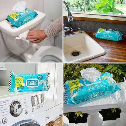 Single Surface Wipes with Bleach, Thick & Large Dispose, All-Purpose Cleaner for Bathroom, Kitchen, Office, 100 Count Soft Flow, Biodegradable, Fresh Scent