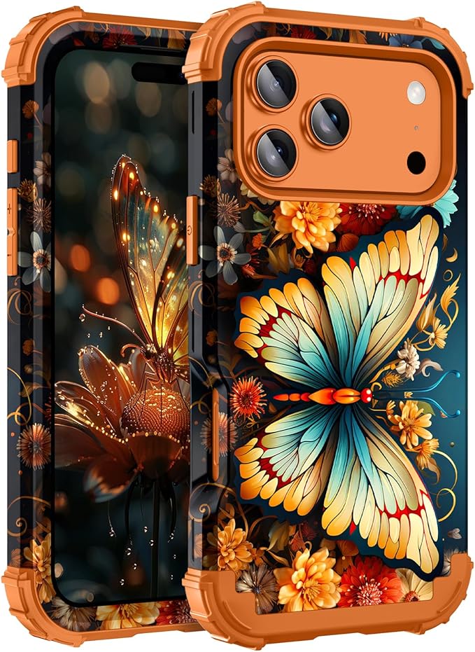 Hocase for iPhone 17 Pro Case 6.3", Heavy Duty Shockproof Protection Soft Silicone Rubber+Hard Plastic Bumpers Hybrid Protective Case for iPhone 17 Pro 2025 - Butterfly in Orange