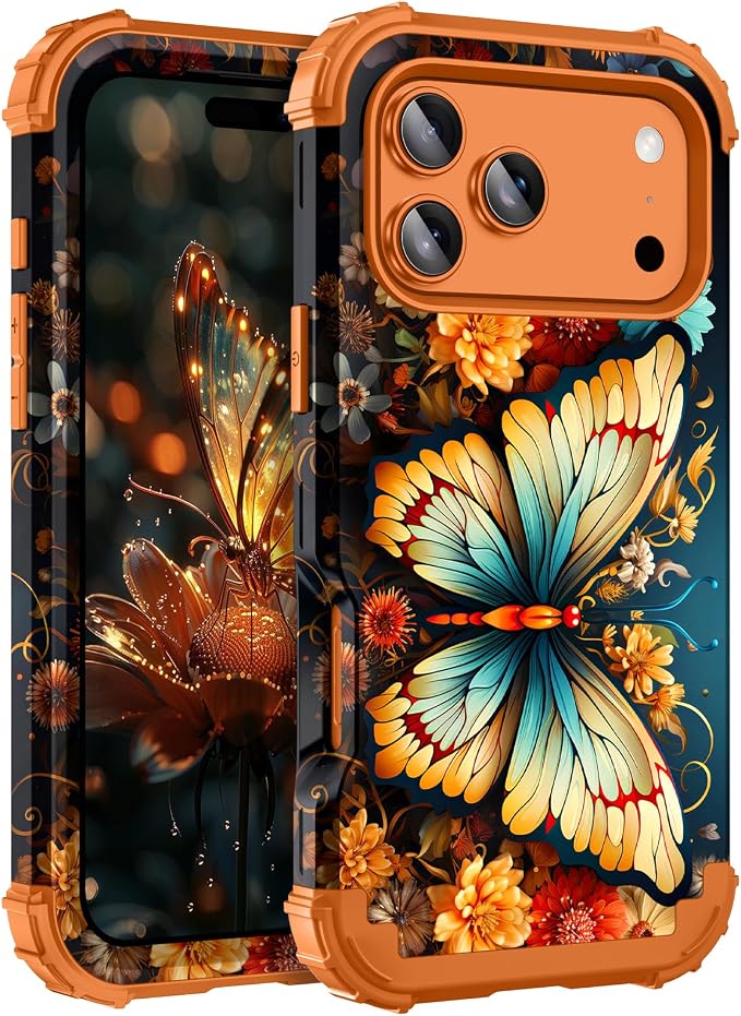 Hocase for iPhone 17 Pro Max Case, Heavy Duty Shockproof Protection Soft Silicone Rubber+Hard Plastic Bumpers Hybrid Protective Case for iPhone 17 Pro Max 2025 - Butterfly in Orange