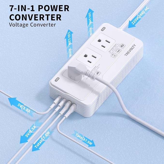 2000W Voltage Converter US to Europe, 220V to 110V Converter for European Travel with 3 AC 2 USBC 2 USBA Ports, European Travel Plug Adapter with Type C/G/I/L Power Plugs (White)