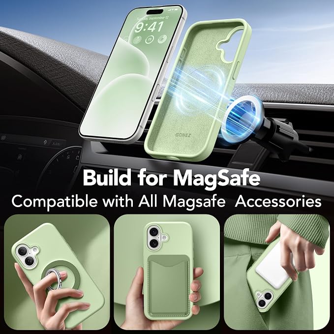 GONEZ Magnetic for iPhone 17 Case, Compatible with MagSafe, [Screen Protector + Camera Lens Protector], Liquid Silicone Anti-Scratch Shockproof Protective Phone Case 6.3 inch, Green