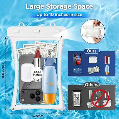 CACOE [Floatable Floating Universal IPX8 Waterproof Phone case 2 Pack-Up to 10.0",Adjustable Lanyard Phone Pouch,Dry Bags for Vacation Beach Pool Kayak Cruise Travel Essentials（White+Light Blue）