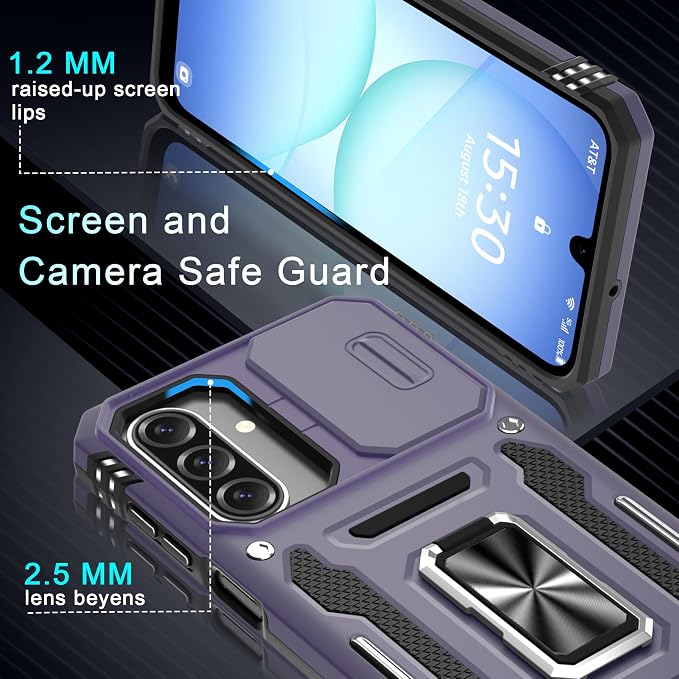 DEERLAMN Case for Samsung Galaxy A17 5G with Slide Camera Cover+Screen Protector (1 Pack), Rotated Ring Kickstand Military Grade Shockproof Protective Cover-Deep Purple