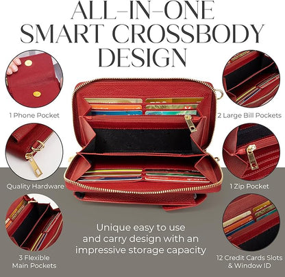 BULL GUARD Crossbody Leather Wallet Phone Purse, Anti Theft and RFID Blocking, Elegant Design for Travel