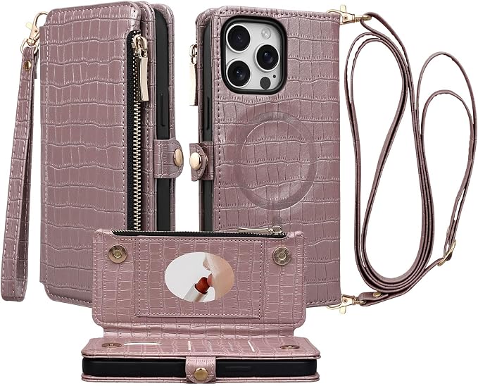 Crossbody Wallet Case for iPhone 15 Pro Max with Mirror, Wrist Strap, Zipper Purse Magnetic Flip RFID Blocking Card Holder, Wireless Charging, PU Leather Shockproof 6.7" Women (Rose Gold)